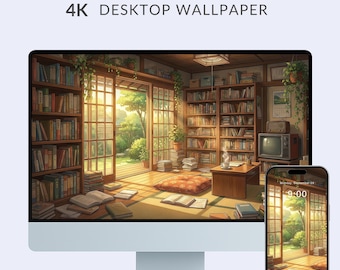 Fondo de pantalla 4K de acogedora sala de estudio japonesa estilo Studio Ghibli, fondo de anime lofi relajante, libros, té y vista soleada al jardín.
