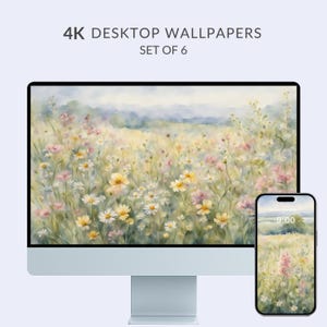 May include: A desktop computer and smartphone display a watercolor floral landscape wallpaper. The computer screen shows a field of wildflowers in shades of yellow, pink, and white. The phone displays the same image. Text at the top reads "4K DESKTOP WALLPAPERS SET OF 6."