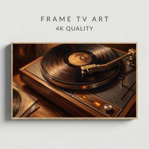 May include: Digital artwork titled FRAME TV ART 4K QUALITY featuring a high-angle view of a vintage-style record player with a black vinyl disc, a metallic tone arm, and a wooden base, displayed within a thin light-colored wooden frame.
