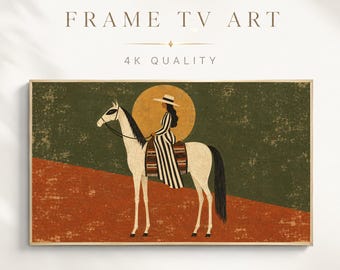 Folk Art Equestrian Frame TV Art, Woman on White Horse, Western Boho Earthy Green
