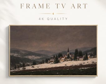 Winter Frame TV Art, Snowy Village Oil Painting, Moody Dark Winter Landscape, Digital Download