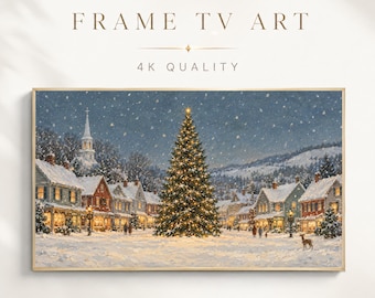Christmas Frame TV Art, Vintage Snowy Village Oil Painting, Glowing Christmas Tree Winter Night
