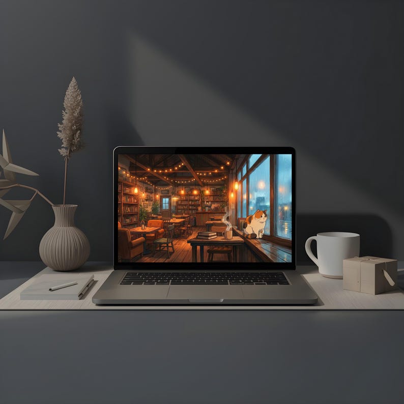 Studio Ghibli Style Cozy Rainy Cafe With Cat 4K Desktop Wallpaper, Lofi ...