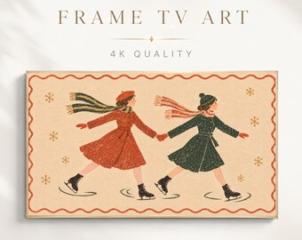 Winter Frame TV Art, Vintage Ice Skating Folk Art Crayon Illustration, Cozy Retro Skaters