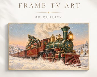 Christmas Frame TV Art, Vintage Steam Train Painting, Snowy Village Holiday Samsung TV Art