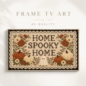 Halloween Frame TV Art, przytulny folkowy haft krzyżykowy z dyniowym duchem