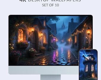 May include: A computer monitor and a smartphone display digital art. The monitor shows a cobblestone street scene with buildings, lit by lanterns. The smartphone displays a lighthouse with a lightning bolt. Text reads: 4K DESKTOP WALLPAPERS SET OF 10.