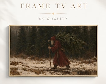 Christmas Frame TV Art, Old World Santa Oil Painting, Vintage Winter Forest, Antique Holiday