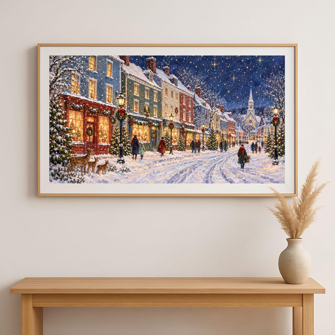 Snowy Village Street — Cozy Winter Holiday Night Scene shown in a room