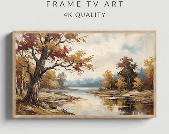 Samsung Frame TV Art Autumn River Landscape, Rustic Fall Lake, Tree with Rust Leaves, Textured Impasto Oil Painting 4K