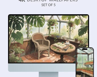 Studio Ghibli Greenhouse Desktop Wallpaper, Cozy Indoor Garden, 4K Nature Background (Digital Download)