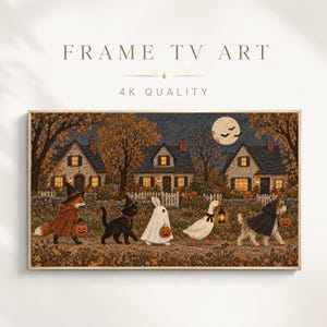 May include: Digital artwork for Frame TV featuring a Halloween scene with a fox, black cat, rabbit, goose, and dog in costumes walking past three houses under a full moon. The text reads FRAME TV ART 4K QUALITY above the rectangular illustration.