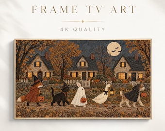 Halloween Frame TV Art, Fox Cat Rabbit Goose Dog Trick or Treat Parade
