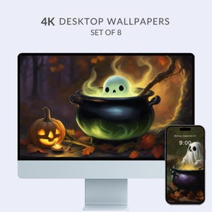 以下が含まれることがあります： コンピューターモニターとスマートフォンは、ハロウィーンをテーマにしたデジタル壁紙を表示しています。 壁紙には、大釜の中の光る幽霊、カボチャ、紅葉が描かれています。 上部には「4K DESKTOP WALLPAPERS SET OF 8」というテキストがあります。