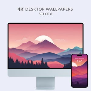 Könnte beinhalten: Ein Desktop-Computer und ein Smartphone zeigen ein passendes Landschaftshintergrundbild mit einem Sonnenuntergang über geschichteten Bergen. Der Text oben lautet "4K DESKTOP WALLPAPERS SET OF 8". Das Smartphone zeigt Datum und Uhrzeit an.