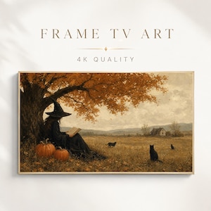 May include: A digital art print for a television screen featuring a person in a black witch hat and robe reading a book under a large autumn tree with orange leaves. Two orange pumpkins sit nearby, and three black cats roam a field with a house.