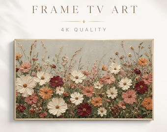 Autumn Frame TV Art, Textured Wildflower Meadow, Burgundy Terracotta Floral Art, Cottagecore Decor