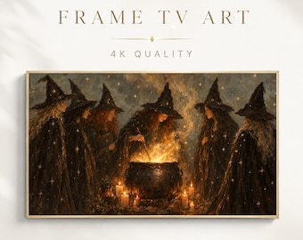 Halloween Frame TV Art, Witches Cauldron Painting, Moody Spooky Coven Night Scene
