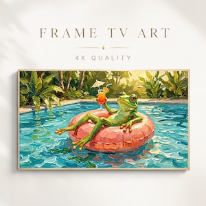 May include: A digital print titled FRAME TV ART 4K QUALITY featuring an oil painting style image of a green frog lounging on a pink inflatable ring in a blue swimming pool, holding an orange cocktail with a small umbrella, surrounded by green plants.