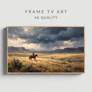 Western-Cowboy-Ölgemälde mit Rahmen, TV-Kunst, stürmische Prärielandschaft, rustikale Ranch-Wanddekoration