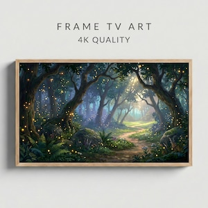 May include: A framed digital art print featuring a whimsical forest scene with a path leading into the distance. The artwork is filled with lush trees, glowing lights, and the text "FRAME TV ART 4K QUALITY".