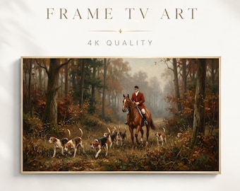 Vintage paardensportlijst tv-kunst, schilderij vossenjacht, paard en jacht, decor Dark Academia