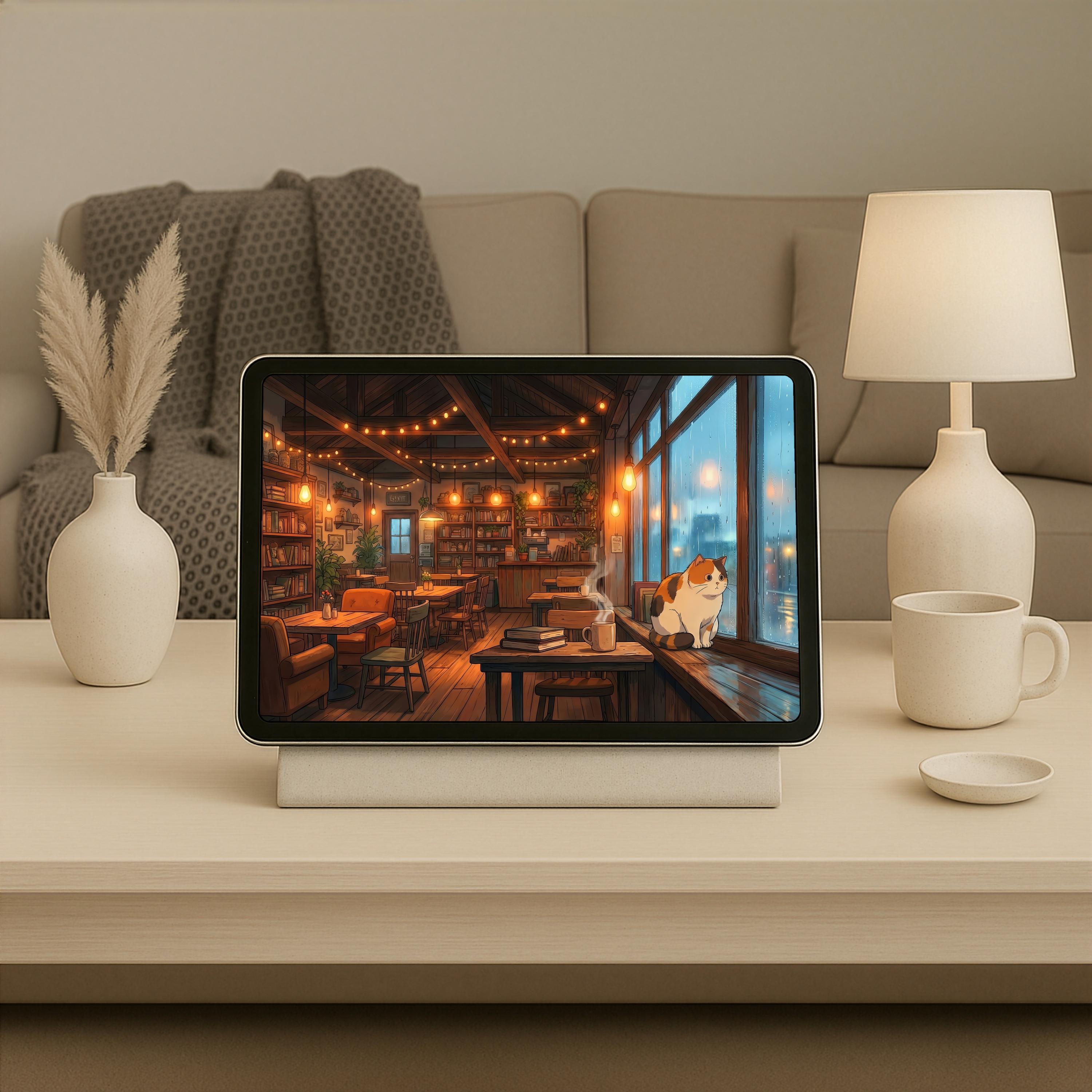 Studio Ghibli Style Cozy Rainy Cafe With Cat 4K Desktop Wallpaper, Lofi ...