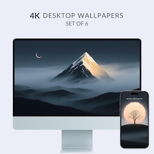 以下が含まれることがあります： デスクトップコンピュータとスマートフォンが、一致する風景の壁紙を表示しています。コンピュータの画面には、三日月のある山のシーンが表示されています。携帯電話には、夕焼けを背景にした木のシルエットが表示されています。テキストは「4K DESKTOP WALLPAPERS SET OF 6」と表示されています。