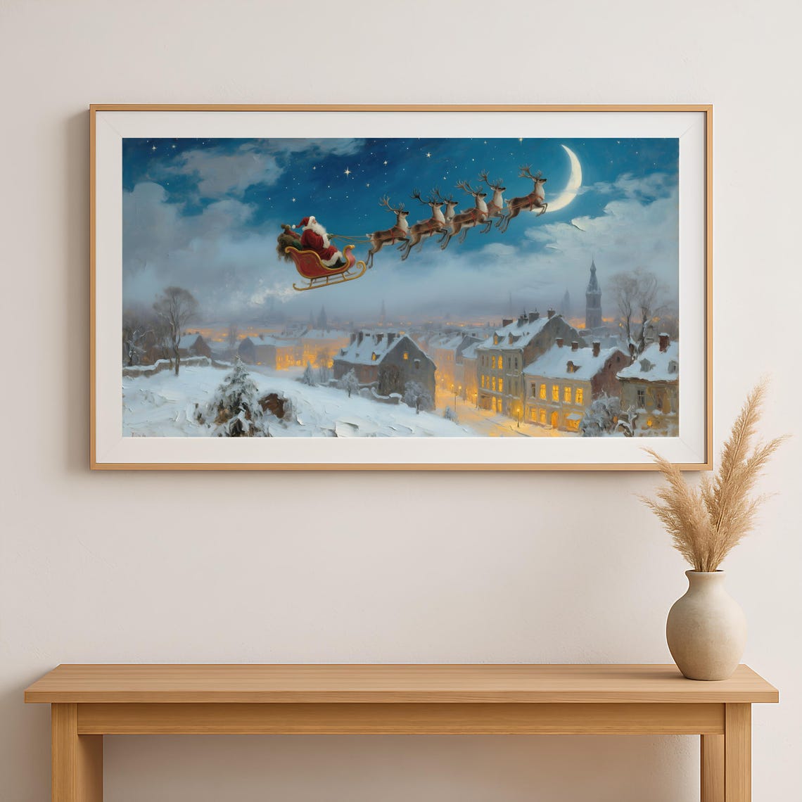 Vintage Christmas Santa Claus Sleigh Ride Scene shown in a room