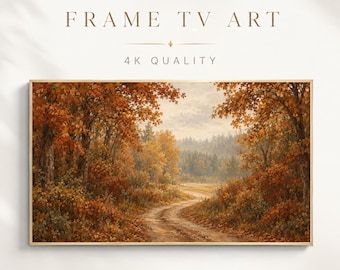 Autumn Frame TV Art, Rustic Forest Path Oil Painting Digital Download