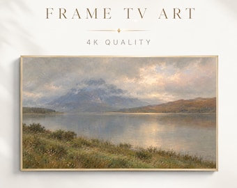 Misty Mountain Lake Oil Painting Frame TV Art, Moody Landscape, Muted Earthy Scenic Art