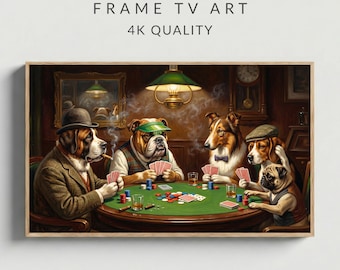 Vintage Dogs Frame TV Art Playing Poker Funny Animal Portrait Classic Oil Painting Wallpaper