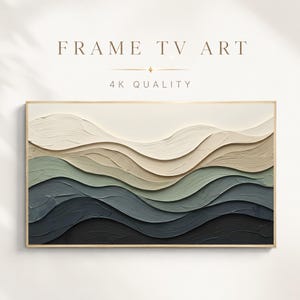 May include: Digital artwork for a Frame TV featuring a textured abstract landscape with layered, wavy bands of colour transitioning from cream and beige to sage green, slate blue, and dark charcoal. The text reads FRAME TV ART 4K QUALITY.