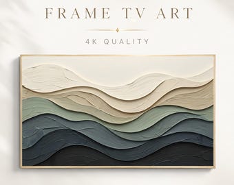 Abstract Moody Waves Frame TV Art Neutral & Sage Green Textured Landscape