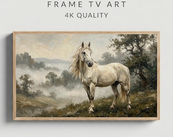 Majestic White Horse Frame TV Art, Heavy Impasto Texture, Farmhouse Landscape Art