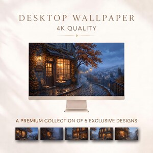 Autumn Cafe 4K Desktop Wallpaper, Cozy Macbook Background, Laptop Art, Set of 5
