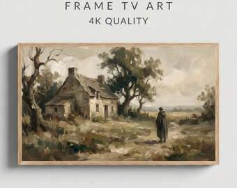 May include: A framed landscape painting with a rustic cottage and a figure in a long coat. The artwork, in muted tones, features a cloudy sky and a path leading to the cottage. The text "FRAME TV ART" and "4K QUALITY" is at the top.