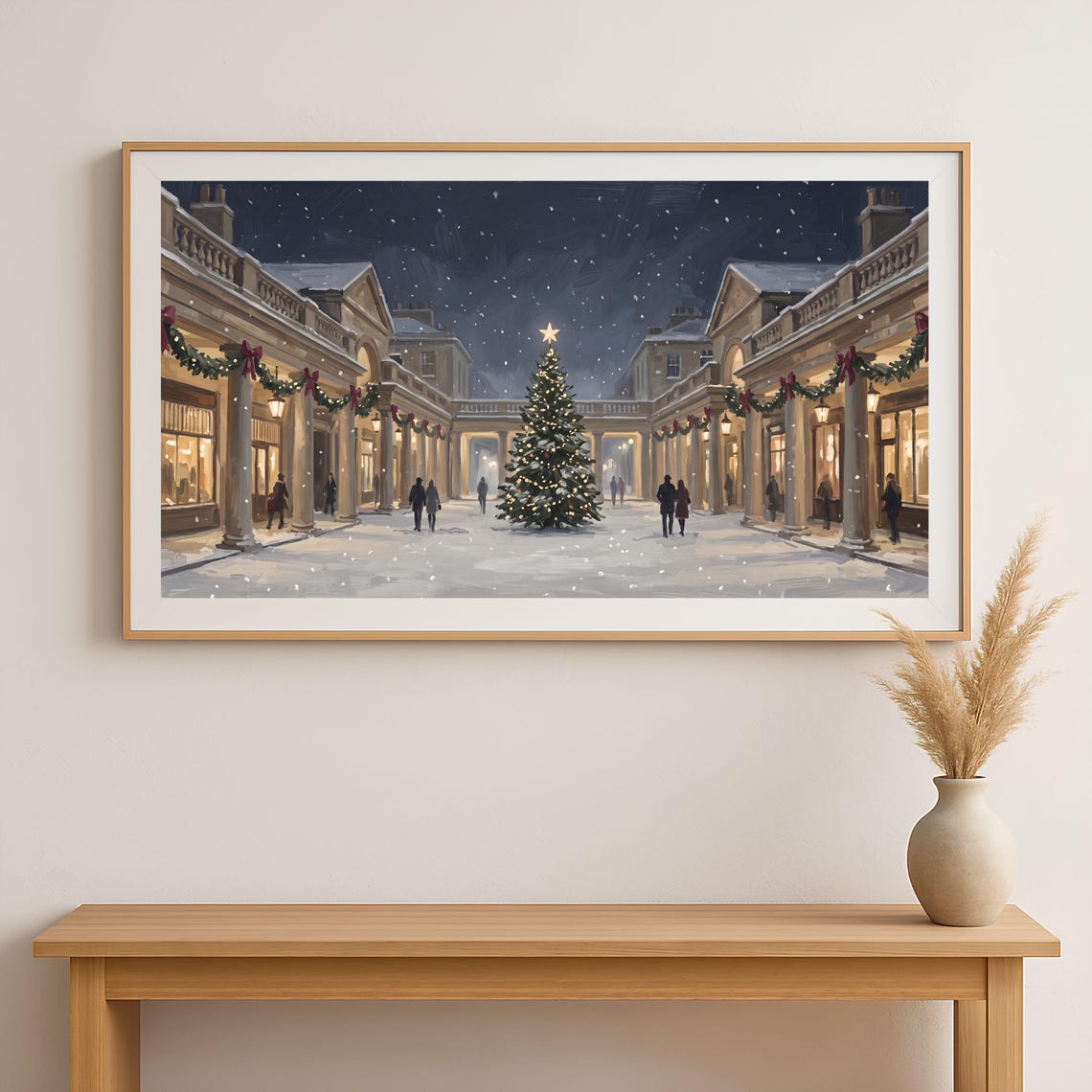 Snowy Village Square Night shown in a room