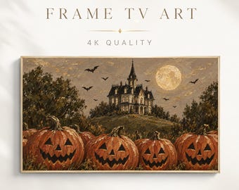 Halloween Frame TV Art, Haunted Manor Pumpkin Patch Gothic Folk Painting