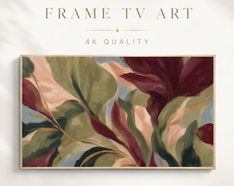 Autumn Frame TV Art, Abstract Botanical Painting, Olive Green Burgundy Samsung Screensaver