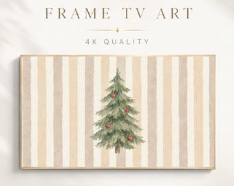 Christmas Frame TV Art, Striped Watercolor Evergreen Tree, Neutral Minimalist Holiday Screensaver
