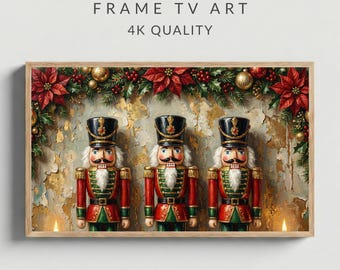 Samsung Frame TV Art, Nutcracker Christmas Garland Poinsettia Oil Painting (Digital Download)