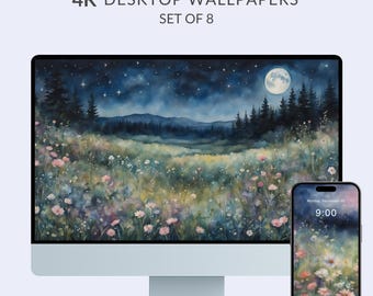 May include: A desktop computer and smartphone display a watercolor landscape with a night sky, full moon, and a field of flowers. The text "4K DESKTOP WALLPAPERS SET OF 8" is at the top. The smartphone shows the time and date.