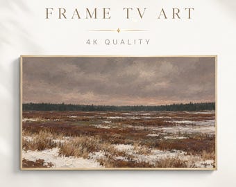 Winter Frame TV Art, Snowy Marsh Landscape Oil Painting, Muted Brown Moody Rustic Screensaver