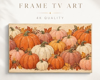 Autumn Frame TV Art, Impasto Pumpkin Patch Oil Painting, Pink Orange Cream Fall Harvest
