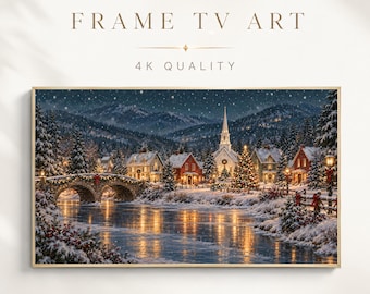 Christmas Frame TV Art, Snowy Village Oil Painting, Cozy Winter Night Landscape, Digital Download
