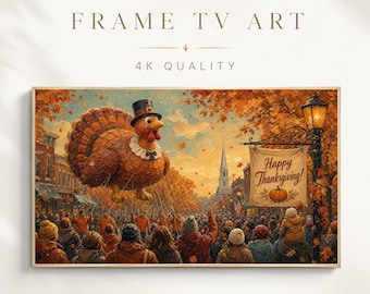Thanksgiving Frame TV Art, Turkey Parade Balloon Oil Painting, Autumn Fall Street Scene