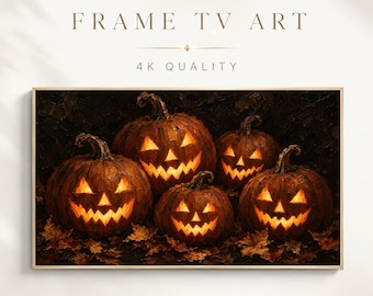 Halloween Frame TV Art, Glowing Jack O'Lantern Oil Painting, Moody Autumn Wallpaper