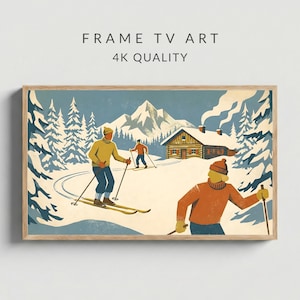 Puede incluir: Una impresión enmarcada con una escena invernal. La obra de arte representa esquiadores, una cabaña y árboles y montañas cubiertos de nieve. El texto "FRAME TV ART" y "4K QUALITY" están en la parte superior. La paleta de colores incluye tonos de azul, naranja y beige.