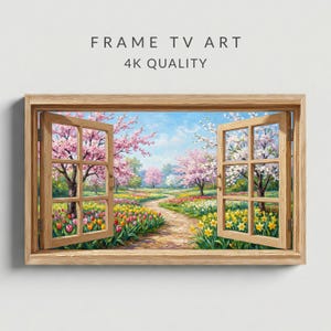 May include: A framed artwork depicting a vibrant spring landscape viewed through an open window. The scene includes a path, colorful flowers, and blossoming trees. The text "FRAME TV ART 4K QUALITY" is displayed at the top.